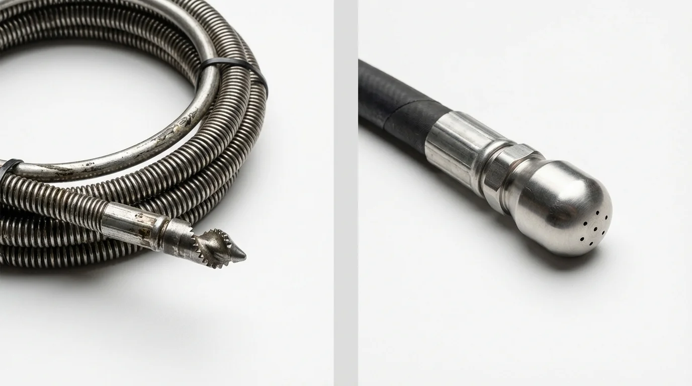 Drain snake cable and hydro jetting nozzle used for drain cleaning in Monroeville, OH