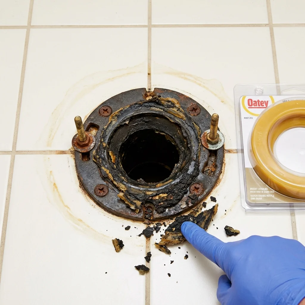 Failed wax ring showing water seepage at the base of a toilet in a Monroeville, OH home