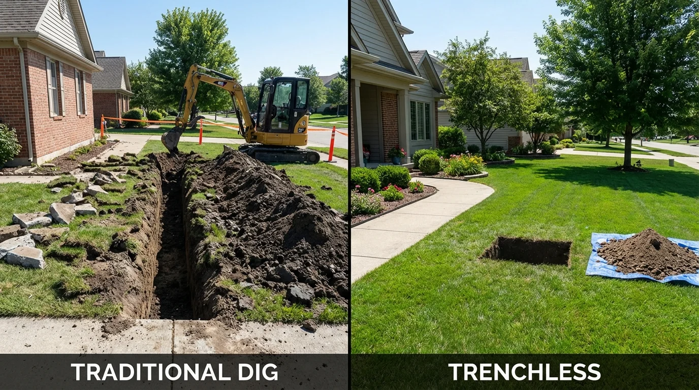 Trenchless sewer repair with minimal yard damage versus traditional excavation in Monroeville, OH