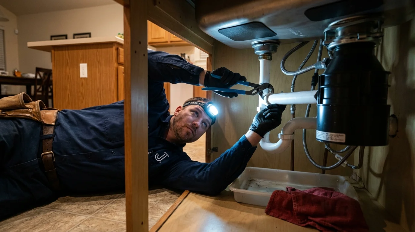 P-trap and supply line connections under a kitchen sink showing a common leak point in Monroeville, OH